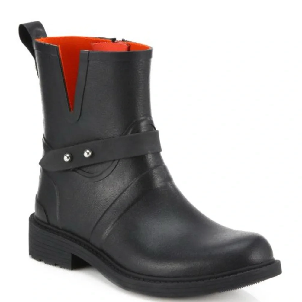 Rag & Bone Moto Rain Boots‎ Black size 38 Buckle Rubber Boots Designer Grunge